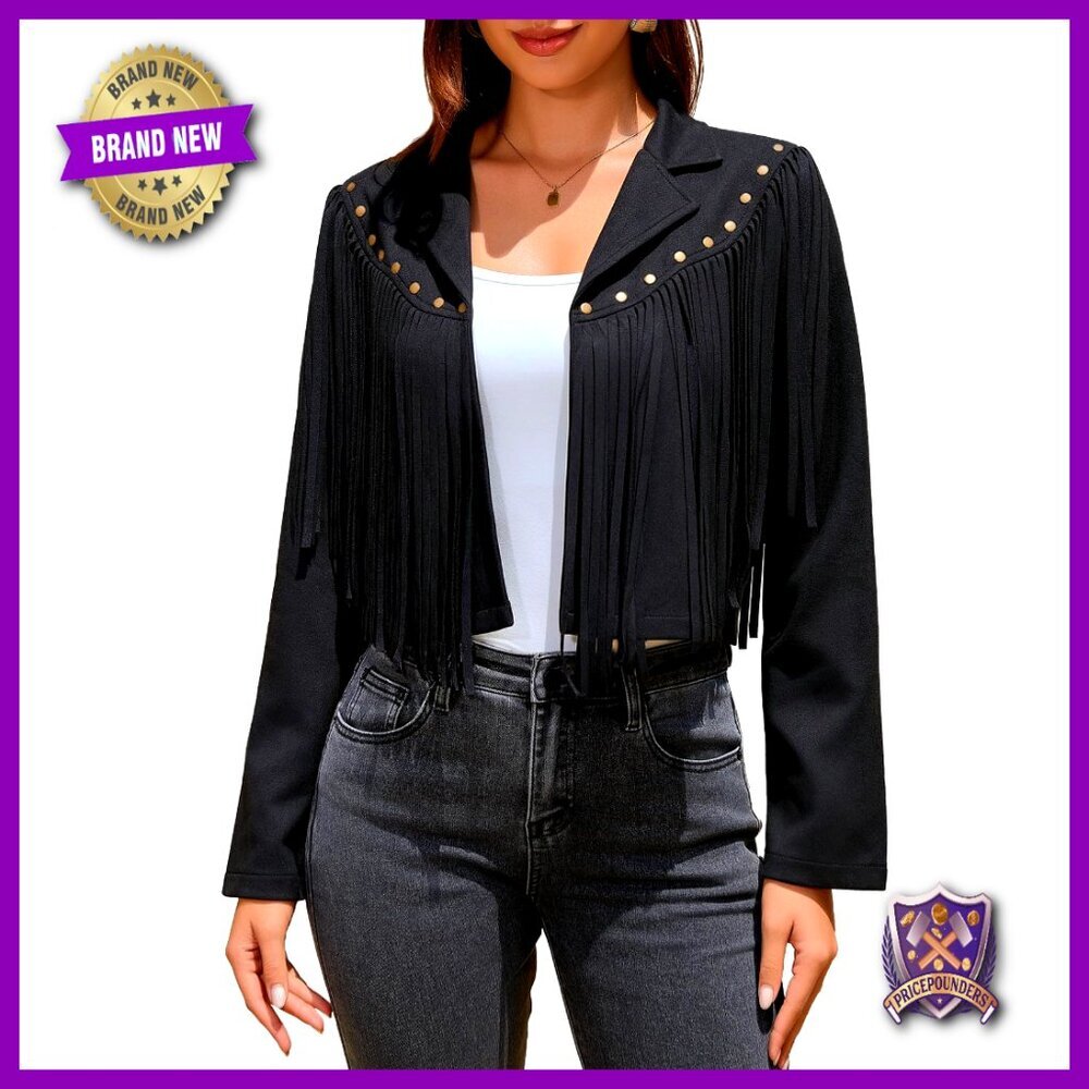 Faux Suede Leather Jacket Fringe Tassel Western Motorcycle Cropped Open Front
